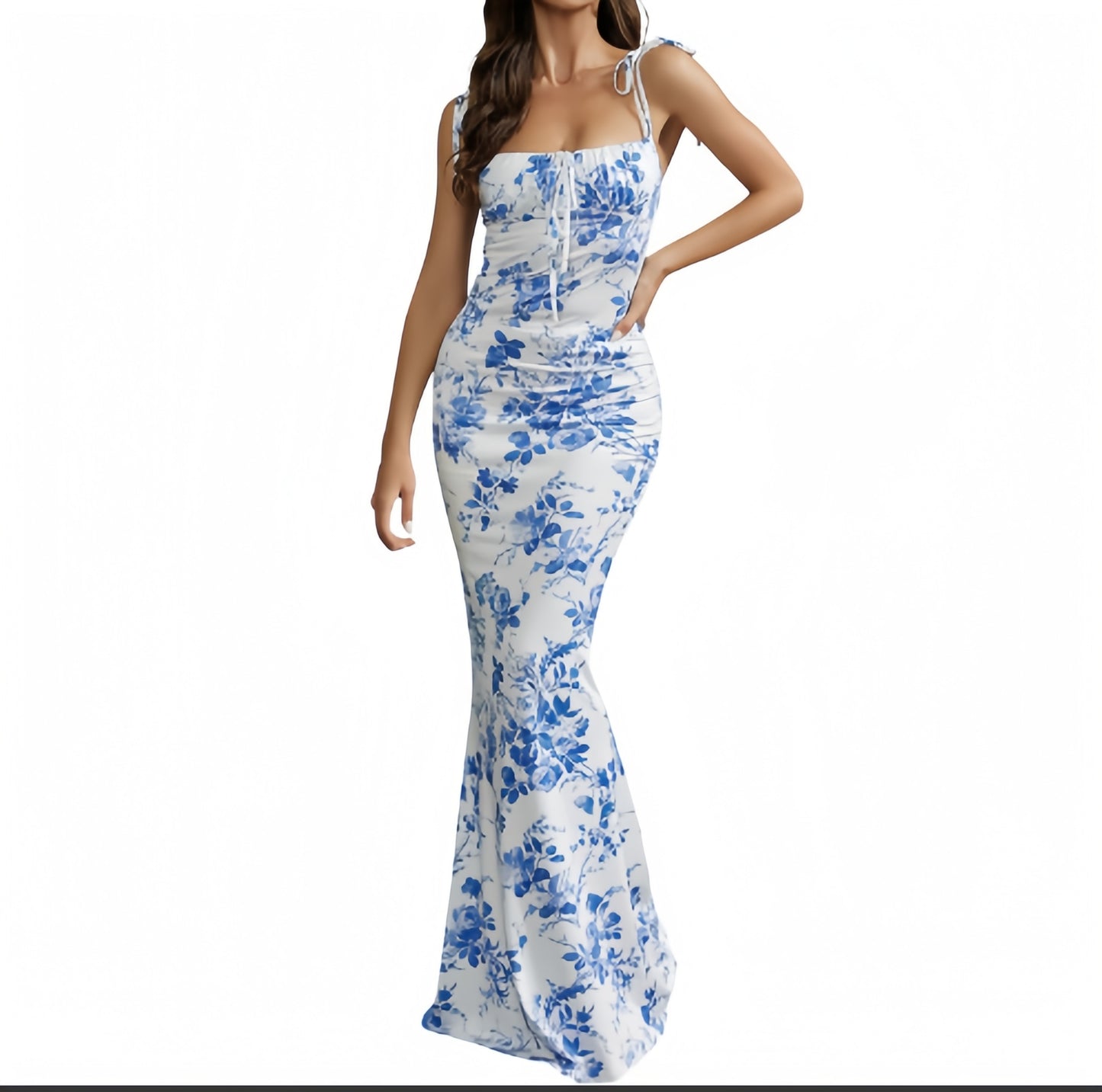 Fishtail Hem Floral Print Prom Maxi Dress