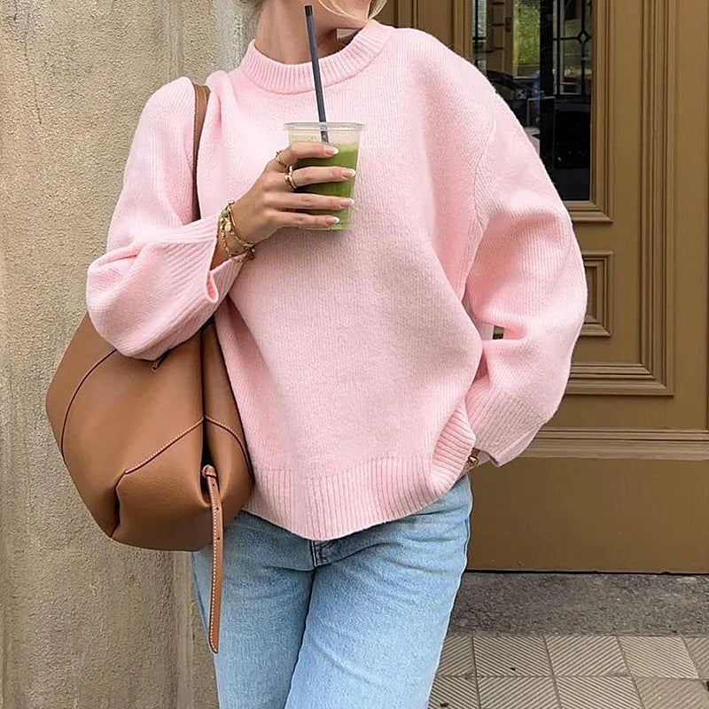 Pink round neck solid color pullover sweater