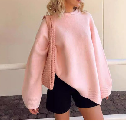 Pink round neck solid color pullover sweater