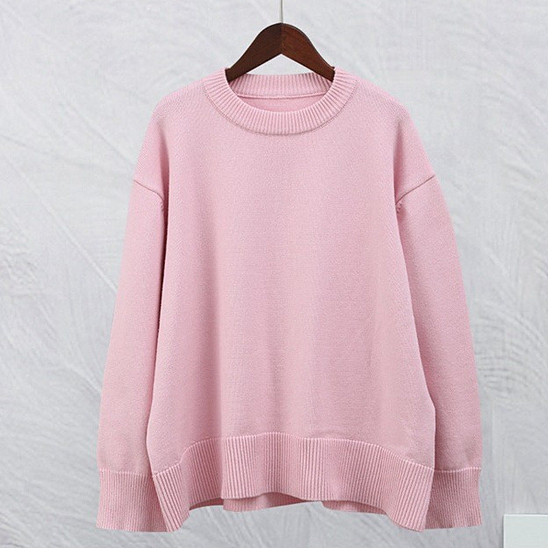 Pink round neck solid color pullover sweater