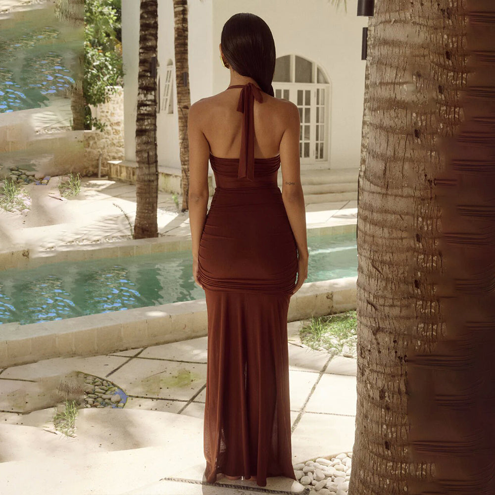 Hanging neck sleeveless backless maxi dress