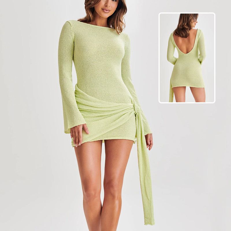 Fashion Slim Long-sleeve V-back Backless Mini Dress