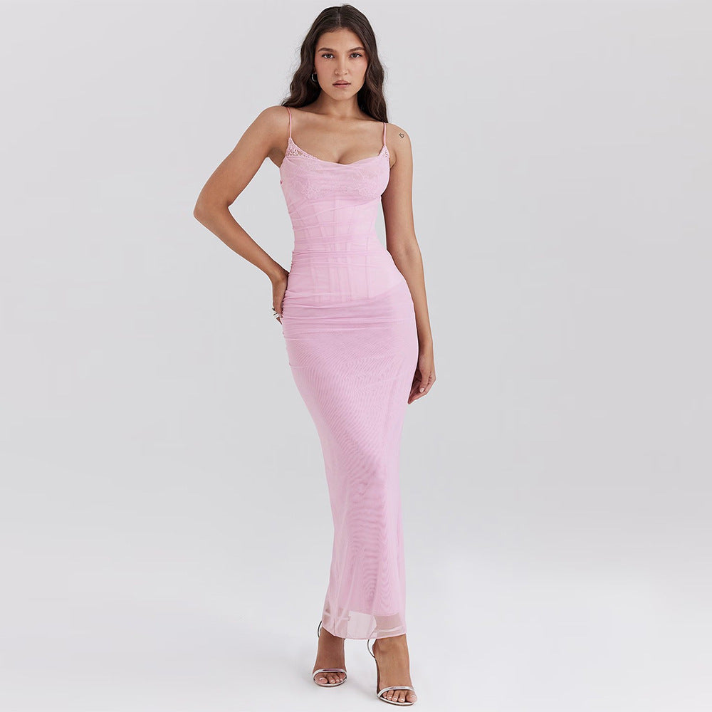 Strap Tube Top Repair Mesh Maxi Dress