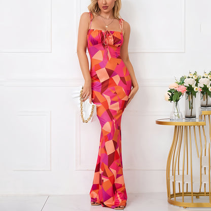 Fishtail Hem Floral Print Prom Maxi Dress