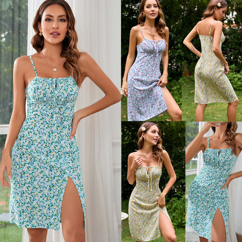 Summer Printed Spaghetti Strap Split Leg Cami Dress