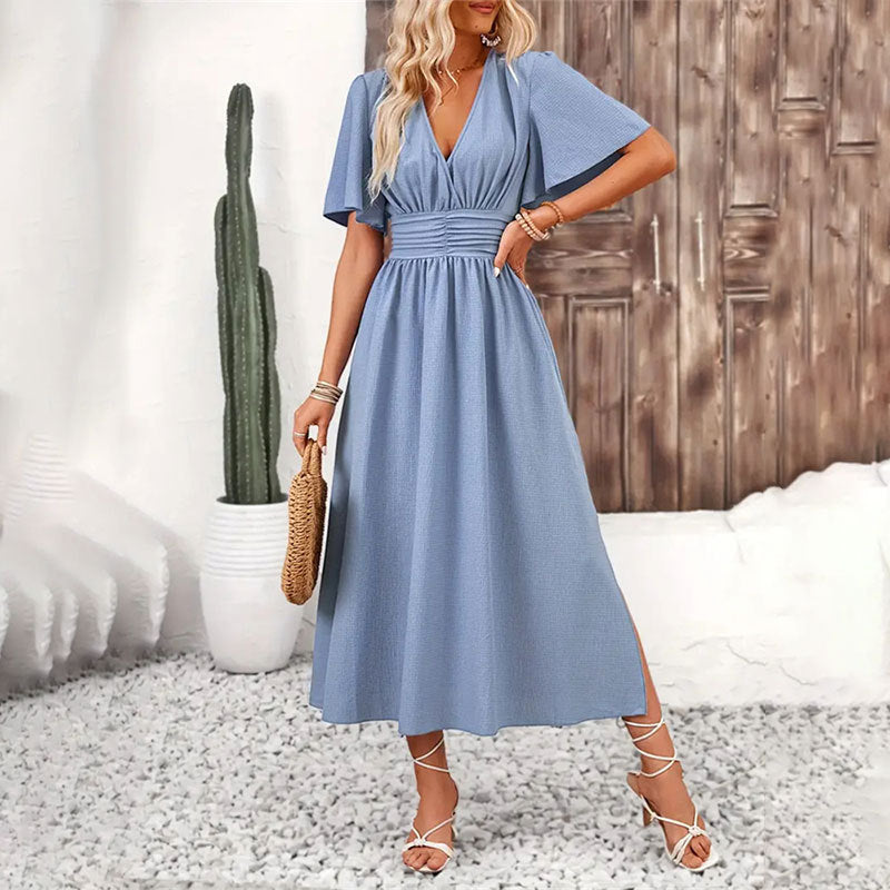 Sleeve Smocked Waist Midi Dress